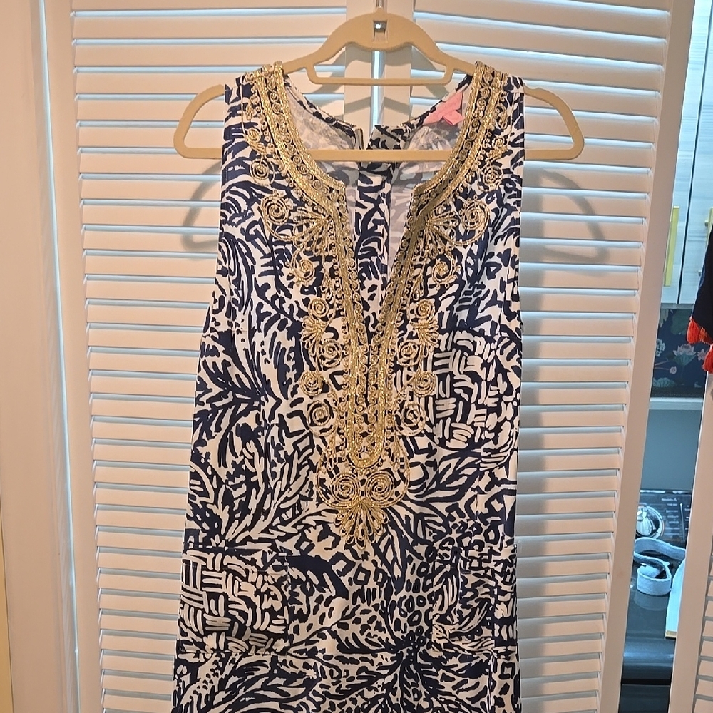 Lilly Pulitzer Blue and White Sleeveless Dress with Gold Embroidery
